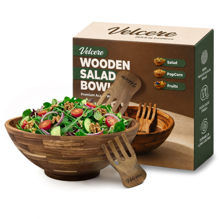 Velcere Large Wooden Salad Bowl Set – 12" Acacia Wood Serving Bowl with 2 Salad Servers